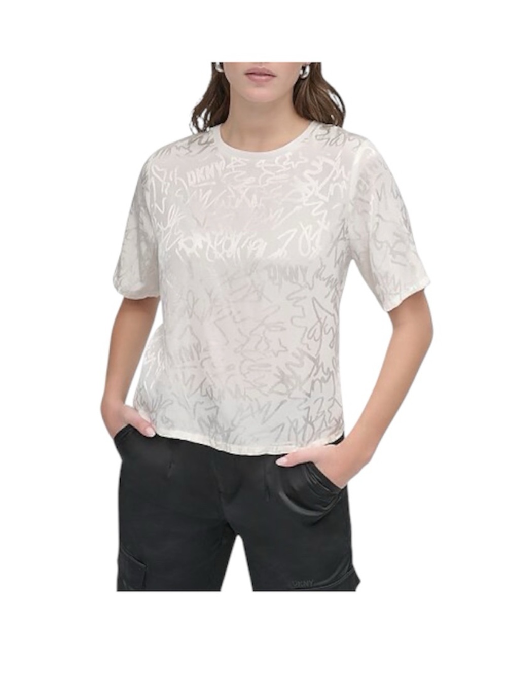 DKNY Scribble Monochromatic Boxy Blouse Crewneck Top Shine Size Large